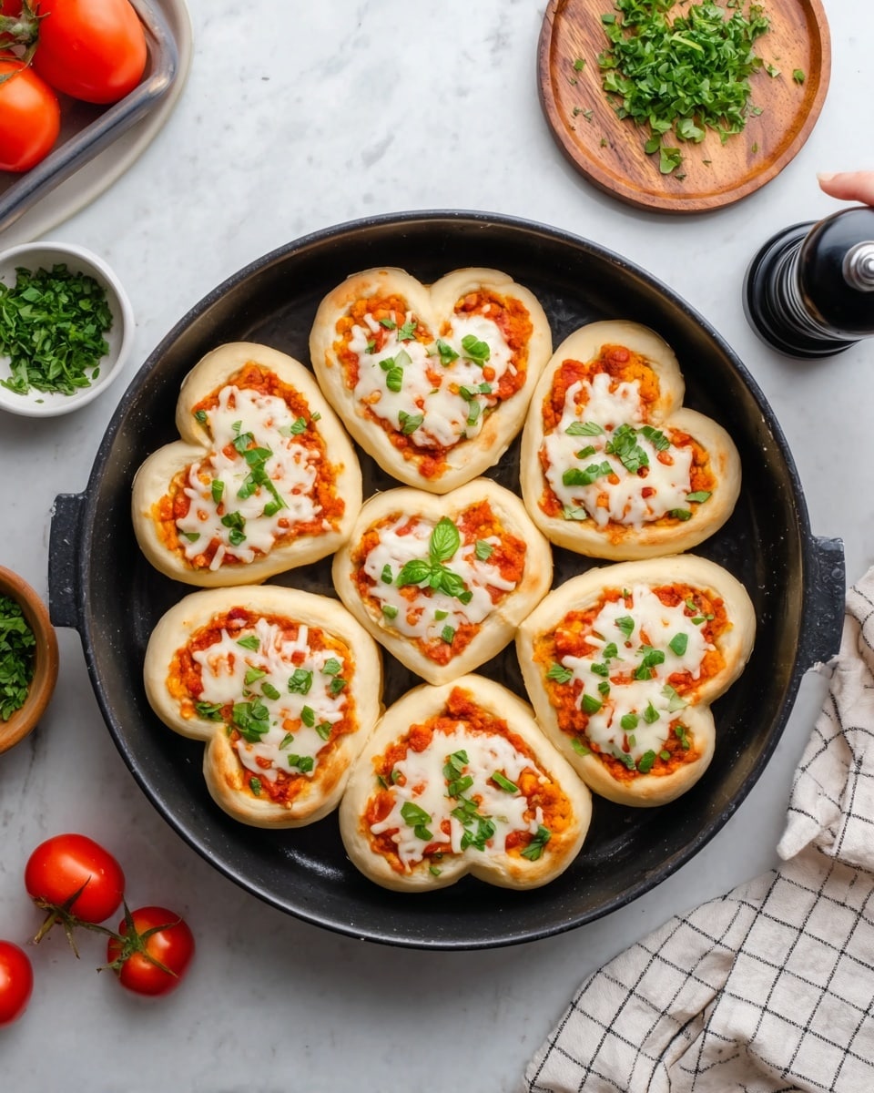 A black round pan contains seven small heart-shaped pizzas arranged in a circle. Each pizza has a thick light golden crust, a layer of red tomato sauce visible near the edges, topped with melted white cheese that covers most of the surface. Small fresh green basil leaves are scattered on top, adding a bright touch. The pan is set on a table with a white marbled texture, surrounded by small tomatoes on the vine, a black pepper grinder, fresh herbs, and a woman's hand partially visible holding a wooden spatula. A light checkered cloth is partly seen on the bottom right. Photo taken with an iphone --ar 4:5 --v 7
