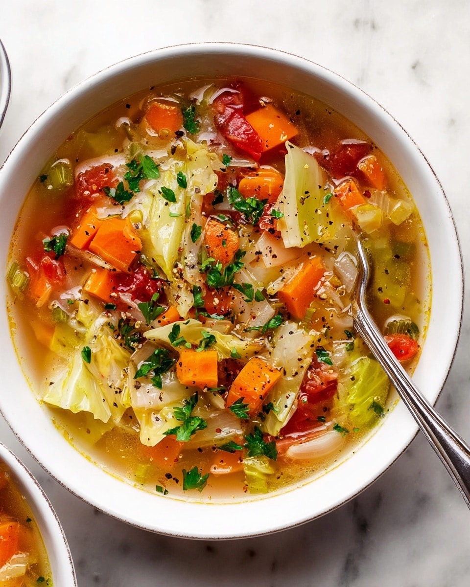 A white bowl filled with clear vegetable soup showing multiple layers of colorful ingredients, including light green cabbage pieces floating on top, bright orange carrot cubes, green celery slices, and red tomato chunks, all mixed in a light brown clear broth, garnished with chopped fresh green herbs and visible black pepper flakes, with a silver spoon resting inside the bowl, all set on a white marbled surface. photo taken with an iphone --ar 4:5 --v 7
