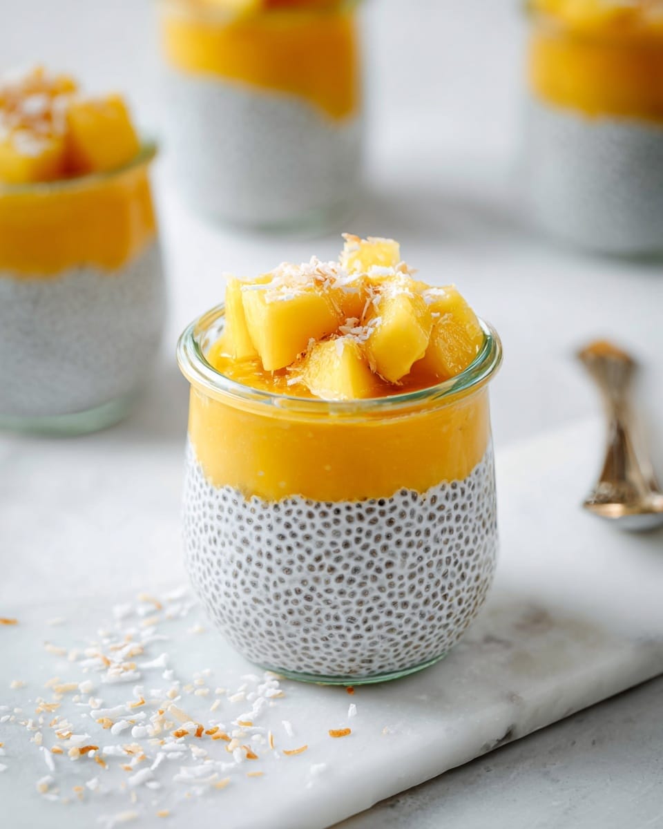 A glass jar dessert with three layers is shown. The bottom layer is a smooth bright orange mango puree filling about one-third of the jar. The middle layer is a thick white chia seed pudding with small black seeds evenly spread, taking up about half the jar. On top, there are bright yellow mango chunks sprinkled with shredded coconut. The jar is placed on a white marbled textured surface, with some shredded coconut scattered around. In the background, blurred similar jars are visible. Photo taken with an iphone --ar 4:5 --v 7