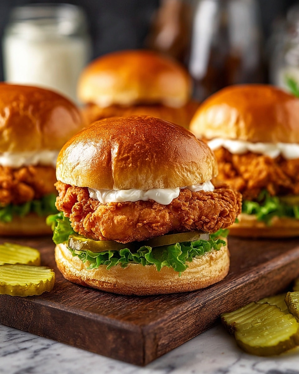 A close-up view of a fried chicken sandwich showing three layers inside a shiny, smooth golden brown bun. The bottom layer has a soft, light beige bun base, topped with bright green crisp lettuce and three green pickles with a ridged texture. The thick middle layer is a large, golden crispy fried chicken piece with a rough, crunchy surface. The top layer is a dollop of creamy white sauce spread under the top bun, which has a shiny, smooth golden brown color and a round, puffy shape. Three similar sandwiches appear blurred in the background on a dark wooden board, with pickle slices scattered on a white marbled surface. photo taken with an iphone --ar 4:5 --v 7