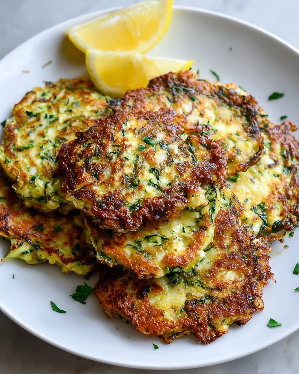 A white plate holds a stack of five golden brown zucchini fritters, each about one layer thick with crispy edges and a textured surface showing bits of green zucchini and white cheese inside. Two lemon wedges sit at the top left of the plate, adding a splash of bright yellow. The fritters are slightly overlapping each other, placed on a white marbled textured surface, with small green herb bits scattered around. photo taken with an iphone --ar 4:5 --v 7