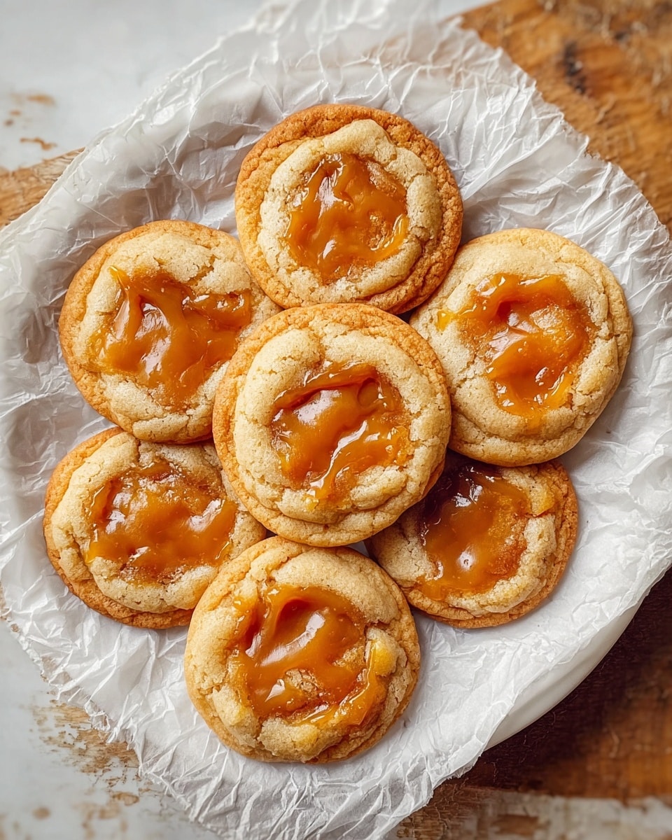 Six round cookies with golden-brown edges and a slightly cracked surface, each topped with a glossy, amber caramel center that looks soft and sticky. The cookies are arranged closely together on a sheet of crinkled white parchment paper, which covers a white plate. The plate is placed on a white marbled surface with a rustic wooden texture partially visible around the edges. The cookies have a chewy texture with a warm, inviting color. Photo taken with an iphone --ar 4:5 --v 7