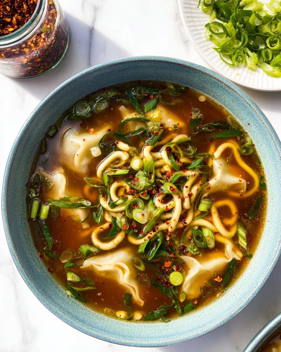 A blue bowl filled with a clear brown broth sits on a white marbled surface, containing several white dumplings partially submerged and scattered around thick pale yellow noodles twisted and curled throughout. Bright green chopped scallions float on top, adding bursts of fresh color, with some thin dark green strips mixed in. Tiny red chili flakes are sprinkled over the dish, giving a spicy touch to the surface. A white plate with more chopped scallions and a jar of chili flakes are nearby. Photo taken with an iphone --ar 4:5 --v 7