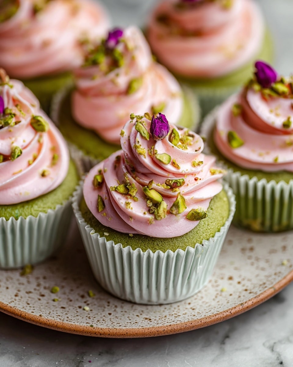 The image shows green cupcakes in white paper liners, each topped with one thick swirl of light pink frosting. The frosting is smooth and creamy with a soft rose shape. On top of each swirl, there are small, chopped green nuts sprinkled around and a single small purple flower bud placed in the center. The cupcakes are set close together on a brown speckled plate, which rests on a white marbled textured surface. The focus is sharp on the closest cupcake with the rest softly blurred in the background. photo taken with an iphone --ar 4:5 --v 7