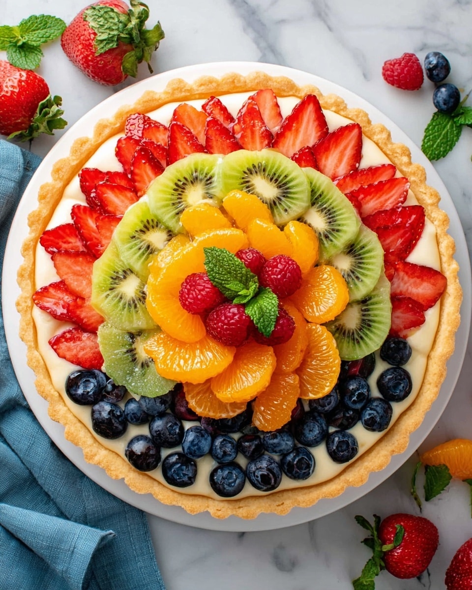 The image shows a fruit tart with six visible layers arranged in a circle on a white plate. The base layer is a golden-brown tart crust with a slightly scalloped edge. On top of the crust is a creamy white filling layer. Above this, there is a thick ring of halved bright red strawberries, pointed ends facing outward, each piece showing a juicy, seeded texture. Inside this ring is a circle of small, plump, dark blue blueberries. Next is a ring of thinly sliced, bright green kiwi pieces arranged with their translucent flesh and tiny black seeds clearly visible. Near the center is a ring of shiny, orange mandarin segments placed upright. At the very center, there are several red raspberries clustered together with a small sprig of fresh green mint leaves on top, and a few more mint leaves are scattered on the tart. The tart is placed on a white marbled surface with scattered fresh fruit and a blue cloth partially visible at the edges. Photo taken with an iphone --ar 4:5 --v 7