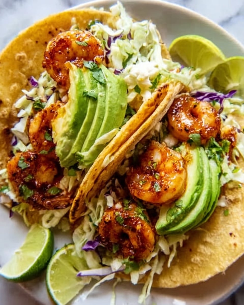 The image shows two shrimp tacos with soft corn tortillas as the base, each tortilla folded and filled generously. The bottom layer inside each taco is a bed of shredded white cabbage, topped with grilled shrimp that are golden with a slight char and glazed with a reddish-orange sauce. Above the shrimp, there are slices of fresh green avocado placed diagonally. Small pieces of purple cabbage or onion add a pop of color on top. The tacos are set on a white plate with lime wedges on the side, all placed on a white marbled surface. Photo taken with an iphone --ar 4:5 --v 7