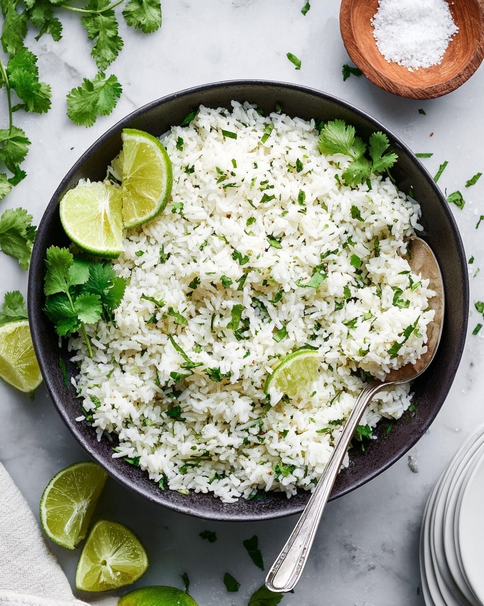 A dark bowl filled with a single layer of white rice mixed with small, chopped green herbs spread evenly throughout. On one side of the bowl, there are three lime slices and a few sprigs of fresh cilantro resting on top of the rice. A silver spoon is partially placed inside the bowl on the right, with its handle resting on the white marbled surface. Around the bowl, fresh cilantro leaves and lime wedges are scattered, adding bright green accents to the scene. There is a wooden bowl filled with salt in the top right corner and a stack of white plates partly visible on the far right. The photo taken with an iphone --ar 4:5 --v 7