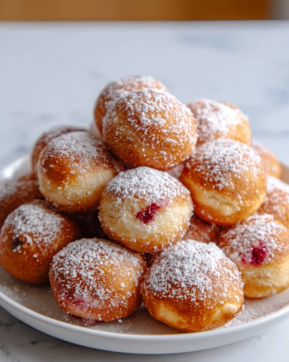 A white plate is full of small, round golden brown cream puffs stacked in a pyramid shape. The puffs have a light dusting of powdered sugar on top, which adds a soft white texture. One puff is broken open, showing a creamy, light yellow filling with bits of red fruit inside. The background has a white marbled texture, and a woman’s hand is gently reaching towards the plate from the side. Photo taken with an iphone --ar 4:5 --v 7