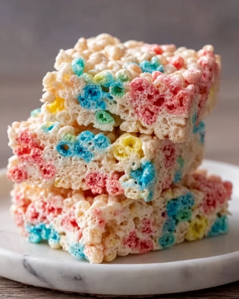 The image shows three colorful rice crispy treats stacked on a round white plate, placed on a white marbled surface. The treats have three visible layers: the base is light cream with a soft, puffy texture, the middle layer has bright blue and red clusters scattered throughout, and the top layer is light cream with a few pink and yellow bits mixed in. Each treat is square and looks soft and chewy. The colors of the fruity cereal bits contrast with the cream-colored rice crispy base, making the treats look vibrant and sweet. Photo taken with an iphone --ar 4:5 --v 7