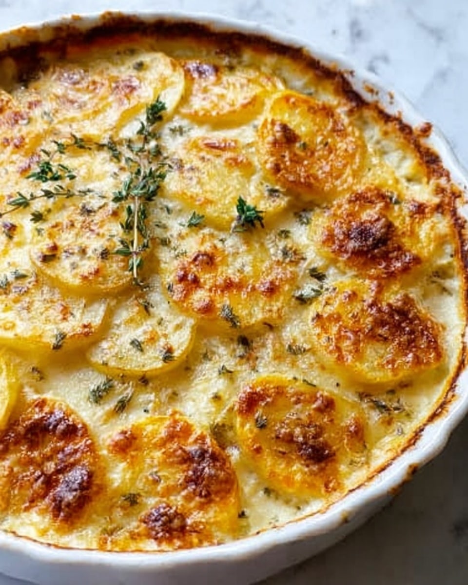 A round white ceramic dish filled with a baked potato gratin featuring several layers of thinly sliced potatoes topped with a golden brown, bubbly cheese crust that has crispy edges. The cheese layer shows spots of darker toasted brown where it is crispy and melted, and there are small green herb sprigs placed in the center for garnish. The white marbled surface underneath adds a clean, smooth look to the presentation. Photo taken with an iphone --ar 4:5 --v 7