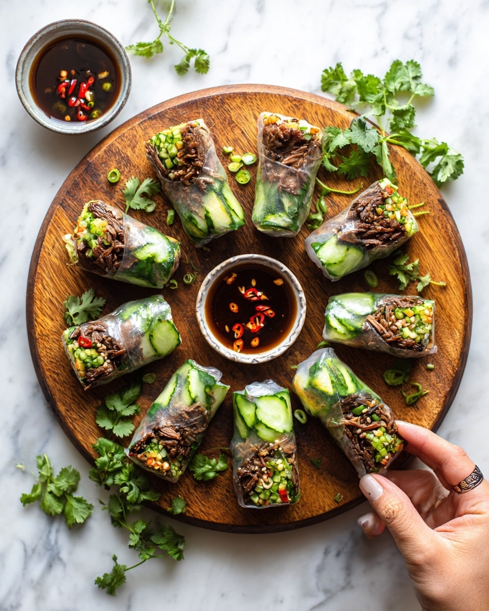 The image shows a wooden board on a white marbled surface with eight cut spring rolls arranged in a circle around one whole spring roll in the center. Each roll is filled with dark brown cooked meat, small crunchy green vegetables like cucumber slices, and herbs, all wrapped in translucent rice paper that shows the colorful filling inside. The rolls have a shiny, slightly wet look, and they rest next to small dipping bowls filled with dark sauce and chili pieces. A woman's hand is reaching towards one of the rolls, adding a lively touch to the scene. Fresh cilantro leaves decorate the corners around the wooden board, enhancing the fresh feel. Photo taken with an iphone --ar 4:5 --v 7