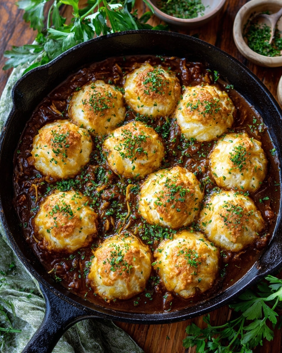 A black cast iron pan filled with a rich, dark brown sauce topped with nine round, golden-brown dumplings sprinkled with chopped green herbs. The dumplings are evenly spaced in three rows of three, and the sauce looks thick and slightly shiny, with visible bits of meat and spices. The pan sits on a wooden surface, and in the blurred background, there are small bowls of salt and some green leafy herbs. The lighting is natural and warm, highlighting the texture of the dumplings and sauce, photo taken with an iphone --ar 4:5 --v 7