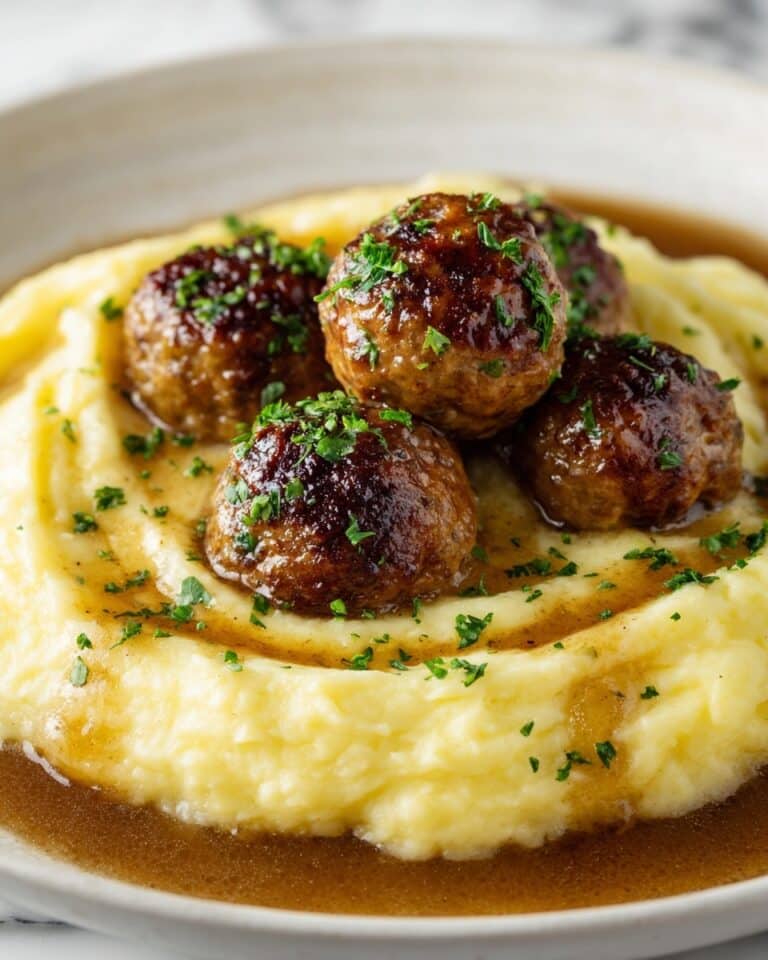 Salisbury Steak Meatballs with Garlic Herb Mashed Potatoes Recipe