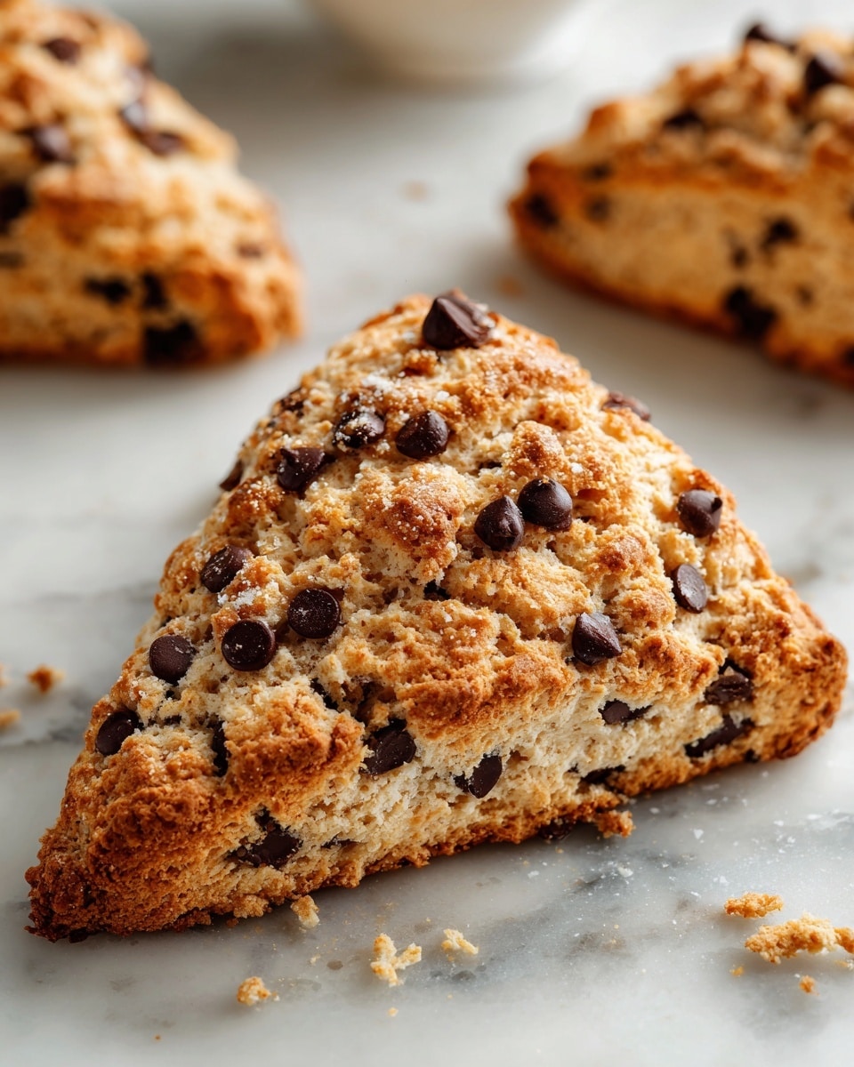 The image shows a close-up of a triangular scone with a rough, crumbly texture and a light golden-brown color. Dark chocolate chips are embedded throughout the scone in irregular patterns and sizes, peeking out of the flaky surface. The scone is resting on a white marbled textured surface with small crumbs scattered around. In the background, part of another scone can be seen, similarly textured and colored, slightly out of focus. Photo taken with an iphone --ar 4:5 --v 7