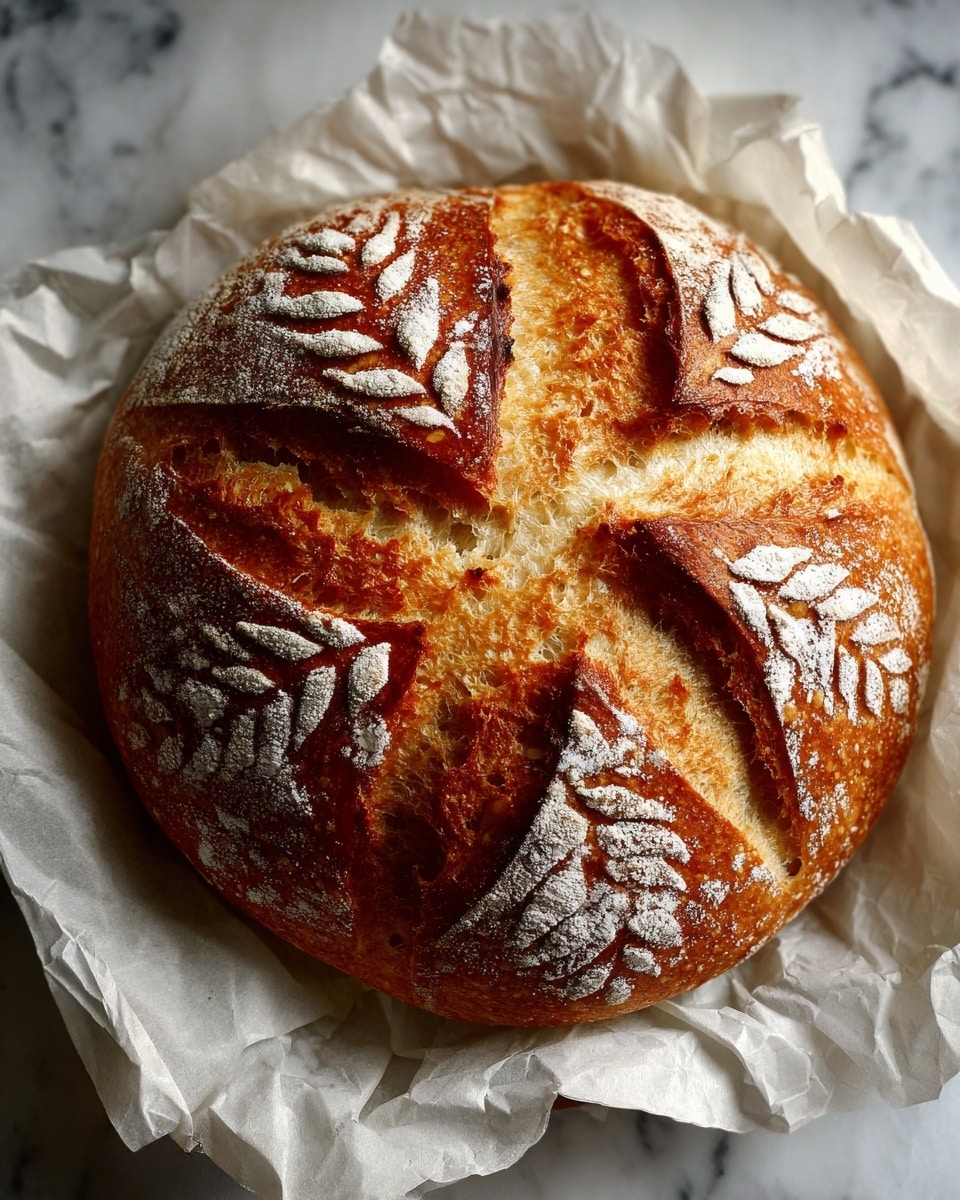 A round loaf of sourdough bread with a golden brown crust sits on a white crinkled paper liner, placed on a white marbled surface. The top of the bread shows a cut pattern with four symmetrical sections, each dusted lightly with flour and featuring small leaf-like designs. The crust is shiny and textured, showing a mix of smooth and slightly rough areas, giving the bread a fresh, rustic look. photo taken with an iphone --ar 4:5 --v 7