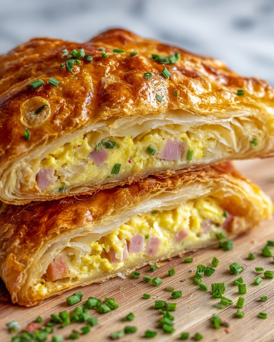 The image shows a close-up of a flaky pastry cut in half, revealing its filling. The pastry has a golden-brown, crispy top layer with visible layers of soft, light, and airy dough inside. The filling consists of creamy scrambled eggs mixed with small pieces of pink ham and bits of green herbs, likely chives, adding a pop of color. The pastry is placed on a wooden board with a few chopped green herbs scattered around. The background has a soft focus with a white marbled texture surface. photo taken with an iphone --ar 4:5 --v 7