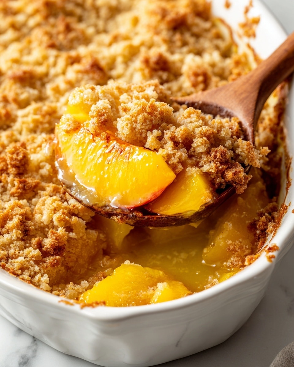 A close-up view of a peach cobbler in a white baking dish shows a thick, golden-brown crumbly top layer with crispy edges. Below this, there is a bright, glossy yellow layer of soft, sliced peaches in syrup. Part of the crust near the bottom edge is slightly darker and has a caramelized texture. A wooden spoon scoops into the cobbler, revealing both layers clearly against a white marbled background. Photo taken with an iphone --ar 4:5 --v 7