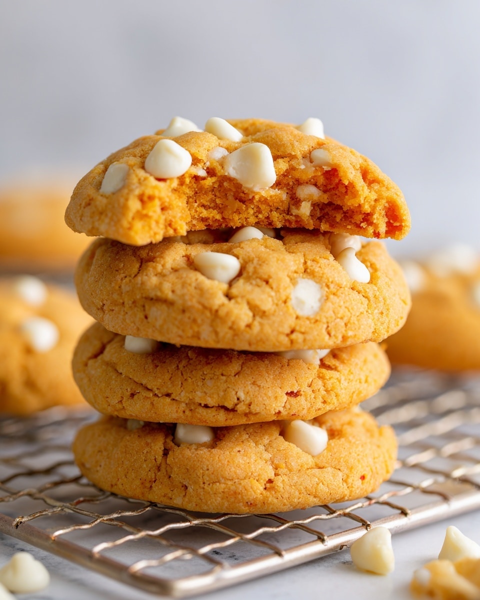 The image shows a close-up of a stack of three soft orange cookies with white chocolate chips scattered on and inside them. The top cookie has a bite taken out, revealing a soft, chewy texture with white chocolate chips inside. The surface of the cookies is slightly cracked and textured, with the white chips standing out against the bright orange cookie dough. They are stacked on a silver metal cooling rack against a white marbled background, with a few white chocolate chips scattered around. photo taken with an iphone --ar 4:5 --v 7
