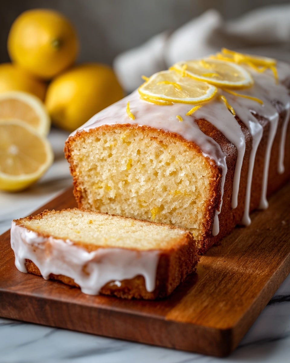 A moist lemon loaf cake with a thick layer of smooth white icing dripping down the sides, topped with thin lemon slices and small strands of lemon zest. The cake has a golden brown crust and a soft, pale yellow inside that is porous and spongy. One slice is cut and laid flat in the front, showing the juicy texture of the cake. The cake is placed on a wooden board with whole and halved bright yellow lemons blurred in the background on a white marbled surface. photo taken with an iphone --ar 4:5 --v 7