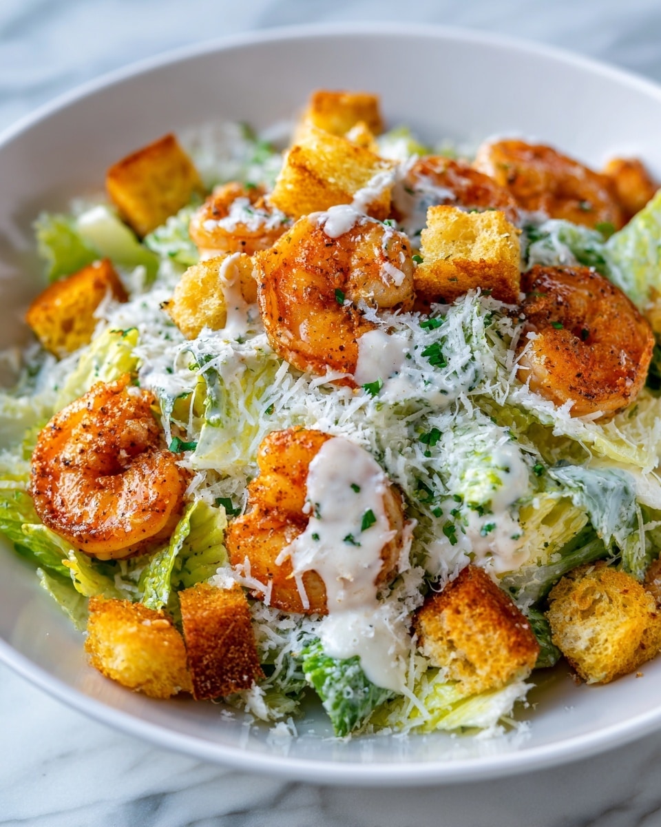 A white plate filled with a layered shrimp Caesar salad, starting with a base layer of light green chopped lettuce. On top, there is a generous layer of golden brown croutons scattered evenly across the lettuce. Layered over the croutons are cooked shrimp, orange with a light spice coating, distributed throughout the dish. Creamy white Caesar dressing is drizzled over the top in dollops, creating a smooth texture contrast. Finally, thin, irregular white Parmesan cheese shavings are sprinkled all over, along with small flecks of green parsley for garnish. The dish sits on a white marbled surface. photo taken with an iphone --ar 4:5 --v 7