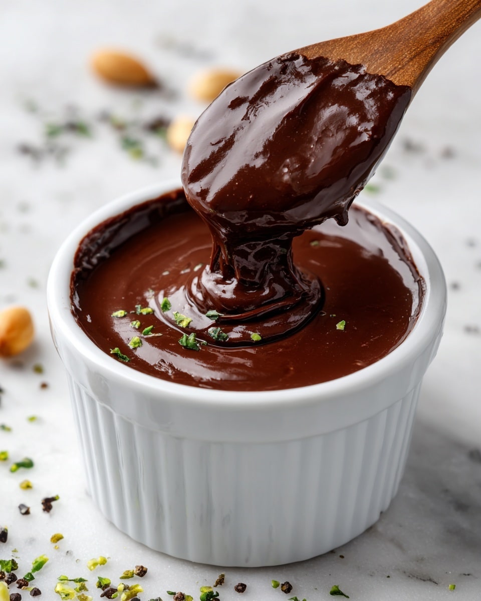 This image shows a thick, smooth, dark brown sauce with a glossy texture inside a white ramekin. A wooden spoon lifts some sauce above the ramekin, showing the sauce’s rich, creamy consistency. The sauce’s surface is shiny, with small bumps and slight ripples. The white ramekin sits on a white marbled surface sprinkled with small black specks and bits of green herbs. In the bottom part of the image, a smear of the sauce is spread on the surface with tiny pieces of green herbs and peanuts visible around it. photo taken with an iphone --ar 4:5 --v 7