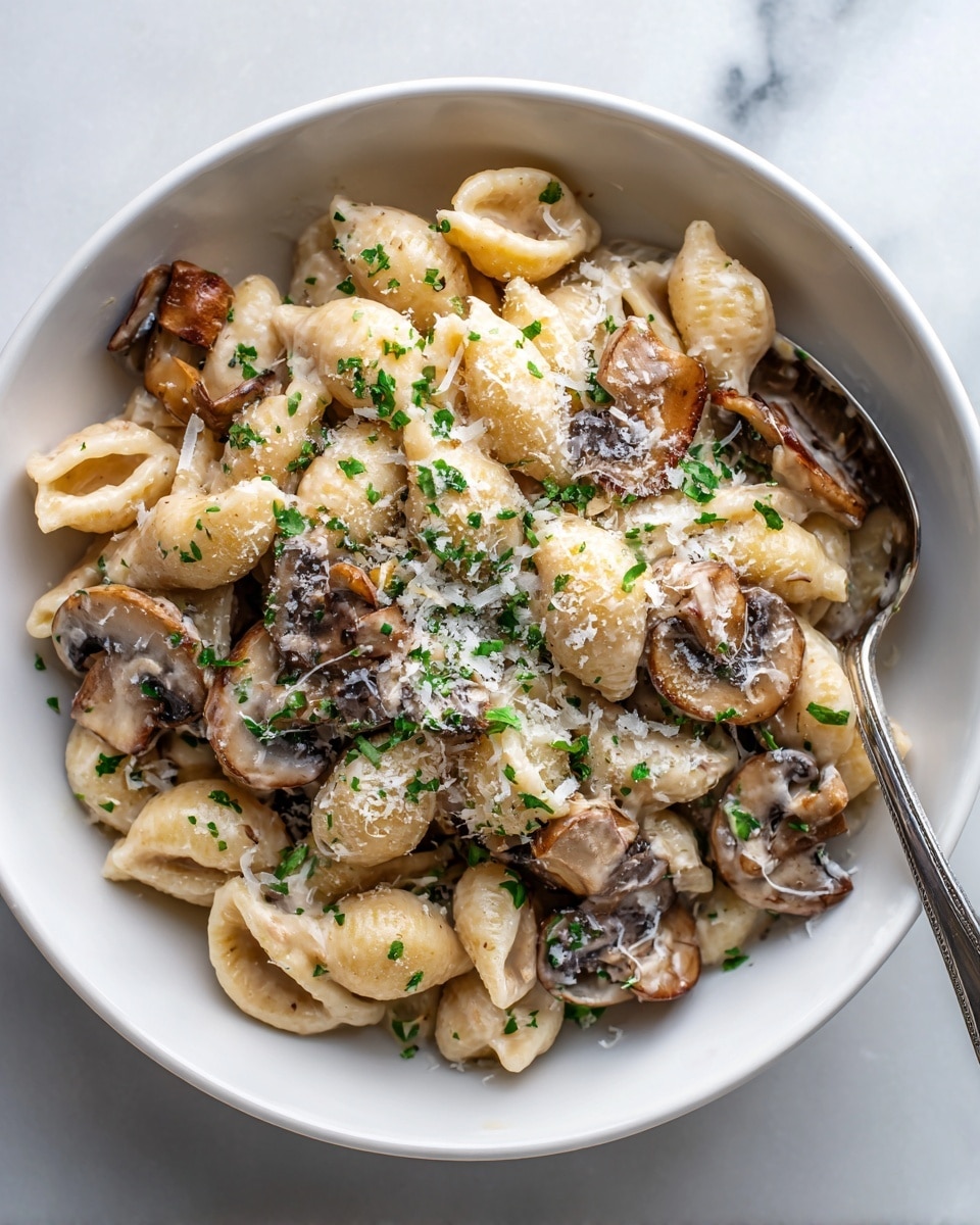 A white bowl filled with creamy orzo pasta mixed evenly with sliced, golden-brown sautéed mushrooms scattered all over. The pasta layer is a light yellow color, slightly glossy from the sauce, with mushrooms resting on top showing a rich brown texture and some caramelization. The dish is sprinkled with finely grated white cheese that melts slightly into the pasta, and small chopped green herbs spread across for a fresh contrast. A metal spoon is placed on the right side inside the bowl, with a woman's hand reaching toward it from the bottom edge. The bowl sits on a white marbled surface. photo taken with an iphone --ar 4:5 --v 7