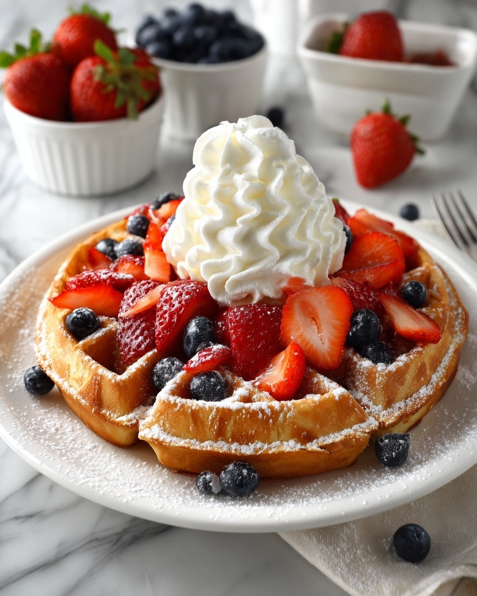 A golden brown waffle sits at the center of a white plate on a white marbled surface, topped with a generous swirl of white whipped cream. Around the whipped cream, there are bright red sliced strawberries and whole dark blue blueberries scattered both on the waffle and on the plate. A light dusting of powdered sugar is sprinkled over the waffle and some on the plate, adding a soft white contrast to the warm tones. In the background, there are bowls filled with more strawberries and blueberries, slightly blurred to keep focus on the waffle. Photo taken with an iphone --ar 4:5 --v 7