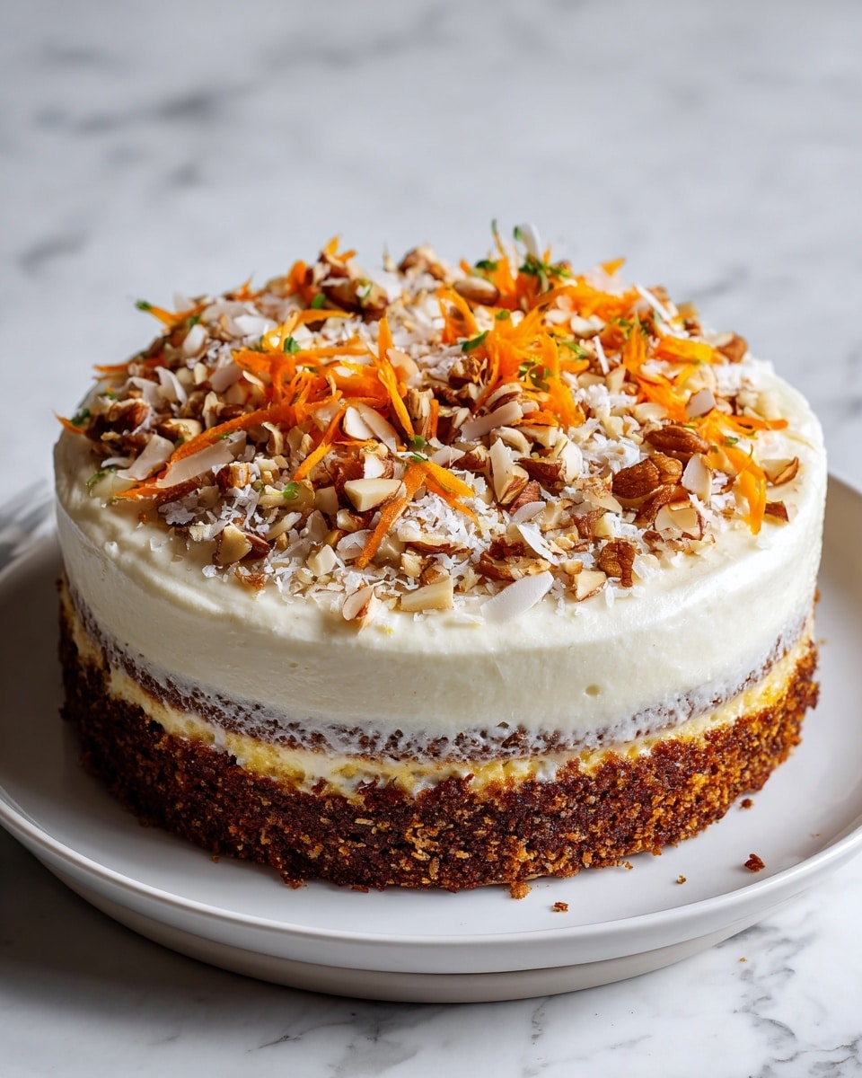 A three-layered cake is shown on a white plate over a white marbled surface. The bottom layer is a dense, coarse-textured brown crust. The middle layer is a thick, slightly translucent light cream color with a smooth texture. The top layer is a thick, creamy white frosting, evenly spread with a soft and smooth texture. On the top of the cake, there are thin strips of orange carrot, white shredded coconut, and rough pieces of brown nuts scattered in a loose pattern. The background is softly blurred with a hint of a white object. photo taken with an iphone --ar 4:5 --v 7