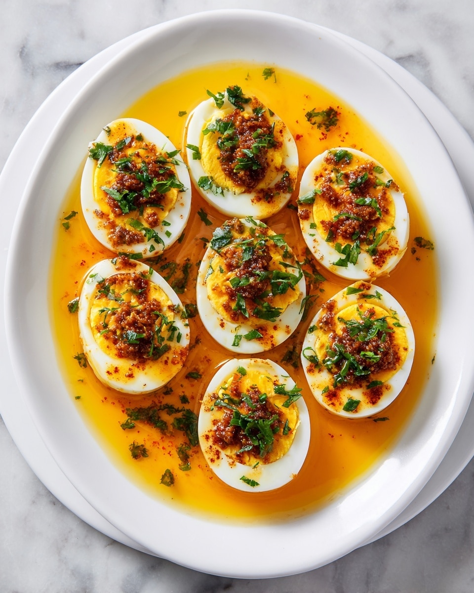 The image shows a white plate with seven halved boiled eggs arranged neatly. Each egg half has a smooth white outer layer and a yellow yolk center topped with a brownish spice mix and finely chopped green herbs. The eggs sit in a shallow pool of orange-yellow sauce with a slightly oily texture. The plate is on a white marbled surface. photo taken with an iphone --ar 4:5 --v 7