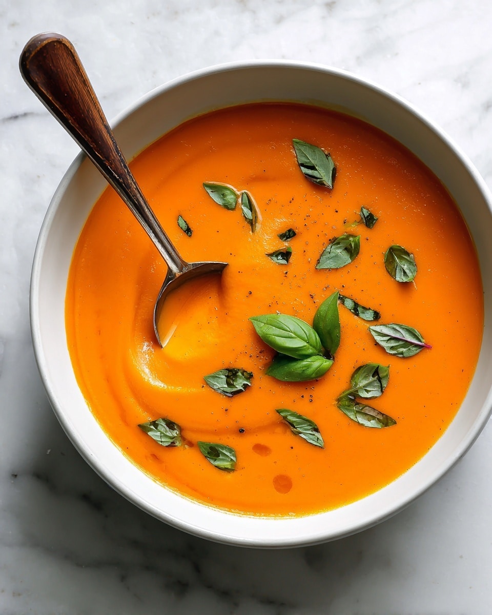 A white bowl filled with smooth, bright orange soup, possibly pumpkin or carrot, resting on a white marbled surface. The soup is topped with scattered green basil leaves and small black seeds or pepper flakes, adding texture and contrast. A silver spoon with a wooden handle is partially dipped into the soup, with a woman's hand holding the spoon. The overall look is fresh and simple, showing the vibrant color and creamy texture of the soup. Photo taken with an iphone --ar 4:5 --v 7
