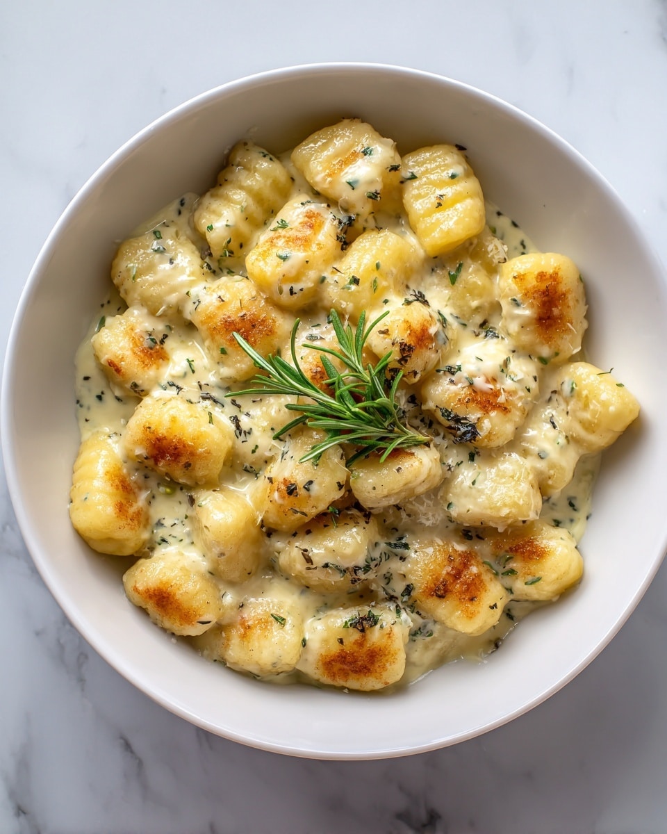 A white bowl filled with golden-brown gnocchi pieces that have a soft, slightly crispy texture on the outside. The gnocchi are coated in a creamy white sauce speckled with finely chopped herbs, some of which are dark green and fresh, adding color contrast. There is a small sprig of fresh rosemary placed on top in the center. The surface beneath the bowl is a white marbled texture. photo taken with an iphone --ar 4:5 --v 7