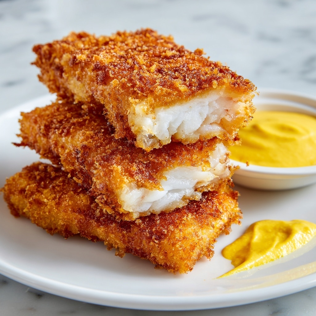 The image shows a close-up of three pieces of fried fish with a golden-brown crispy coating. The fish inside looks white, soft, and flaky. The pieces are stacked on a white plate with a glossy finish, and on the side, there is a small portion of thick yellow sauce. The background is a white marbled surface. photo taken with an iphone --ar 4:5 --v 7