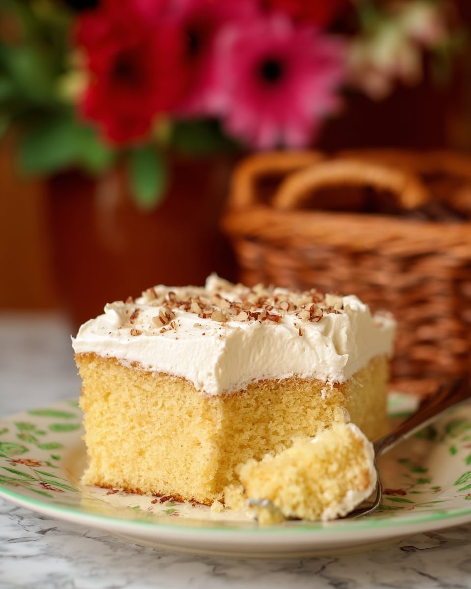 A close-up of a single slice of yellow cake with one thick layer of light and fluffy texture, topped with a thick, creamy white frosting sprinkled with small brown nut pieces, all placed on a white plate with light green floral patterns. A fork in front holds a small bite of the cake with frosting. In the background, there is a blurred brown woven basket and soft-focus red and pink flowers, set against a white marbled surface. photo taken with an iphone --ar 4:5 --v 7