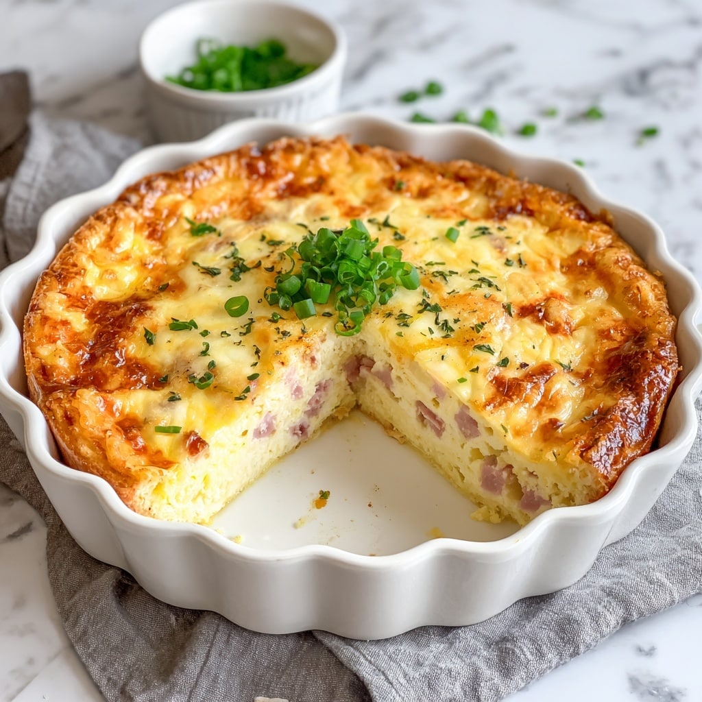 The image shows a white scalloped ceramic dish with a slice taken out from a golden baked quiche. The quiche has a light yellow, fluffy egg layer mixed with small pieces of ham, topped with melted cheese that is golden brown and sprinkled with herbs. On top, there is a small bunch of chopped green onions placed in the center. The dish is placed on a white marbled surface, and a grey cloth is partially visible under the dish. In the background, there is a small white bowl with green herbs. Photo taken with an iphone --ar 4:5 --v 7