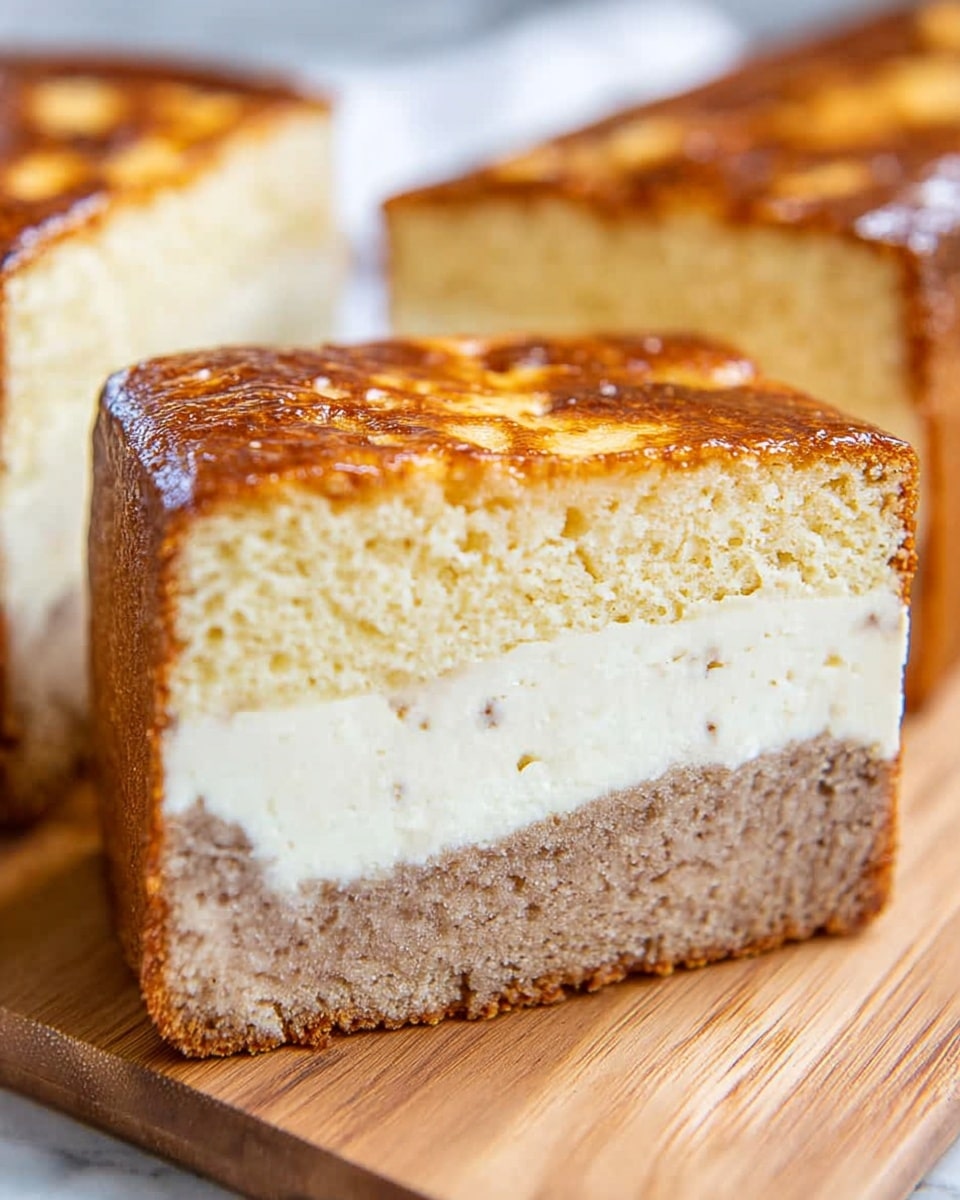 The image shows a close-up slice of a three-layer cake with a wooden board beneath it on a white marbled surface. The bottom layer is light brown, crumbly, and textured like banana bread or nut bread. The middle layer is thick, smooth, and creamy white, resembling cheesecake. The top layer is a darker brown, with a glossy, slightly wrinkled surface texture, likely a baked glaze or crust. The cake slice edges are sharp and clean, showing clear separation between the layers. Photo taken with an iphone --ar 4:5 --v 7
