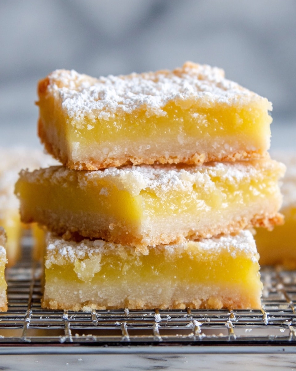 A close-up of three square lemon bars stacked on a wire rack, each showing two layers: a pale yellow, soft, and slightly shiny top lemon layer with a sugary texture, and a thicker, light golden-brown crumbly bottom crust; the top is dusted with a generous layer of white powdered sugar, creating a delicate contrast; the background is a white marbled texture and the bars appear moist and fresh. photo taken with an iphone --ar 4:5 --v 7