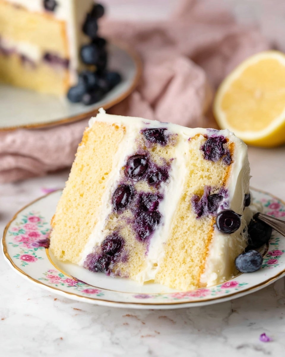 A slice of three-layer blueberry cake sits on a white plate with small pink flowers and a gold rim. Each sponge cake layer is pale yellow, dotted with juicy dark purple blueberries inside. Between each sponge layer is a smooth white cream filling. The top and sides of the cake are covered with the same cream, showing more blueberries peeking through the cake. In the background, there is a halved lemon and a plate of the whole cake on a soft pink cloth, all placed on a white marbled surface. photo taken with an iphone --ar 4:5 --v 7