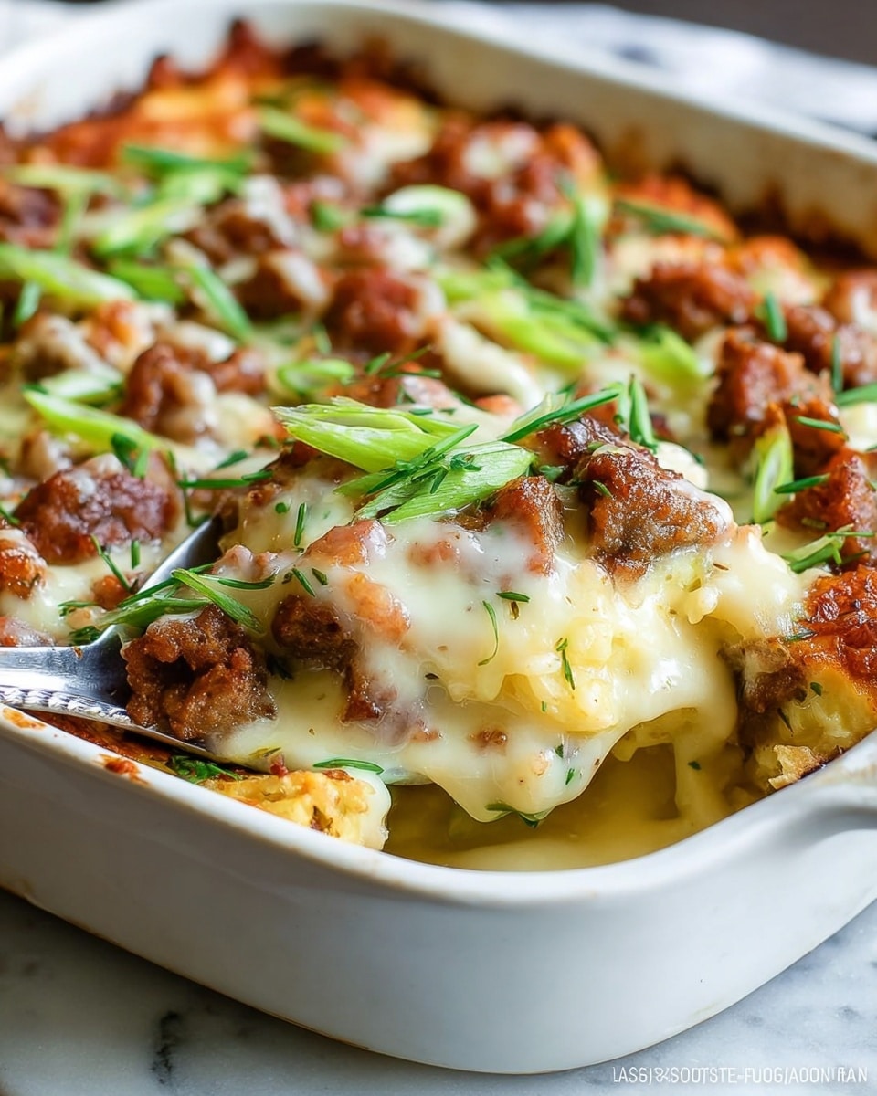 The dish is a close-up of a baked casserole in a black tray, showing about three layers of food. The bottom layer is creamy and smooth, pale yellow in color, likely a cheese or sauce base. On top of this, there are crispy, golden brown pieces that look like crumbled cooked potatoes or bread. The dish is dotted with small chunks of browned meat that add a reddish-brown contrast. Melted cheese covers most of the top, creamy and slightly stringy with a light beige color. Green chopped herbs and two long green onion pieces lie on top, adding bright green spots. The edges of the tray and a white serving spoon slightly curve into the frame, all resting on a white marbled surface. Photo taken with an iphone --ar 4:5 --v 7