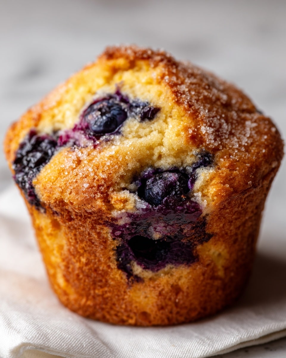 A close-up view of a blueberry muffin showing a golden brown crust on top with a sugary sprinkle. The muffin has a soft, moist texture inside with several deep blue, juicy blueberries spread unevenly throughout. The top is domed and cracked in some places, revealing the fluffy inside. The background is a white marbled texture with a white cloth beneath the muffin. Photo taken with an iphone --ar 4:5 --v 7