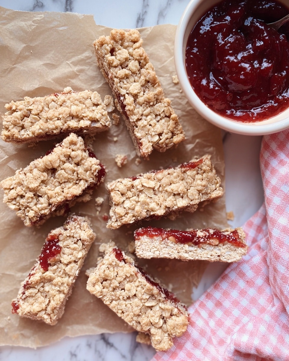 The image shows several rectangular oat bars with a visible middle layer of red jam, laid out on brown parchment paper. Each bar has a textured, crumbly light golden oat layer on the top and bottom, sandwiching the jam in the center. Near the oat bars, there is a white bowl filled with thick red jam, placed slightly above the bars. To the right of the bars, part of a soft pink and white checkered cloth is visible, resting on a surface with a white marbled texture. The overall look is bright and fresh, with crumbs scattered around the bars. photo taken with an iphone --ar 4:5 --v 7