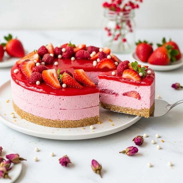 A round, pink cheesecake with two main layers on a white plate sits on a white marbled surface. The bottom layer is a thin, light brown crumb crust that looks slightly crumbly. The thick top layer is smooth and creamy in a soft pink shade. The top of the cheesecake is covered with a bright red, glossy fruit sauce that has whole and halved fresh strawberries piled in the center. A piece of the cheesecake is lifted by a silver spatula, showing the clean division of the pink filling and the crumb crust underneath. Around the plate are small flower buds and white pearls for decoration. In the blurred background, several fresh strawberries and a clear jar with pink flowers add to the soft, fresh feeling. photo taken with an iphone --ar 4:5 --v 7