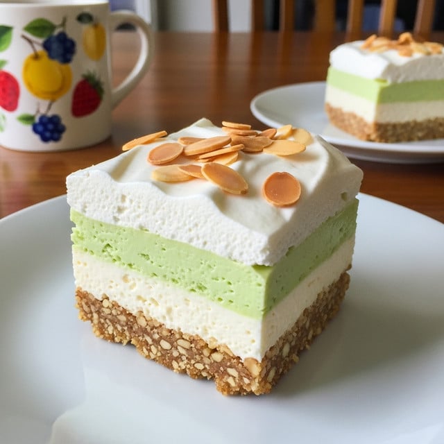 The image shows a square piece of dessert on a white plate with four distinct layers: the bottom layer is a crumbly, light brown nutty crust, above that is a smooth creamy white layer, followed by a pale green layer that looks light and fluffy, and the top layer is a thick white whipped topping sprinkled with toasted almond slices. In the background, there is another white plate with a similar dessert piece and a white mug with fruit designs, all placed on a wooden table. The dessert looks fresh and soft, with the nuts adding a crunchy texture. photo taken with an iphone --ar 4:5 --v 7