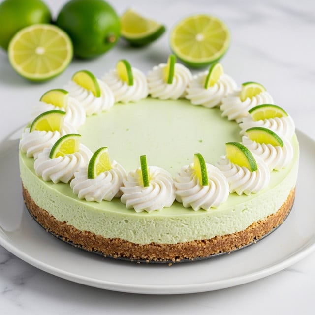A round key lime pie with two visible layers: a thick golden-brown crumb crust at the bottom and a smooth pale green filling on top. Around the edge of the pie are evenly spaced swirls of white whipped cream, each topped with a small wedge of bright green lime. The pie sits on a white plate placed on a white marbled surface. There are two halved limes in the background and two lime slices near the plate. Photo taken with an iphone --ar 4:5 --v 7