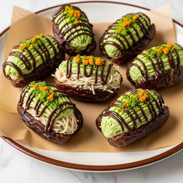 The image shows a close-up of several dates on a white plate with a brown speckled edge, placed on a white marbled surface. Each date has three visible layers: the bottom layer is the dark brown shiny, wrinkled date. The middle layer is a light green creamy filling, squeezed into the center of each date, with a slightly rough texture. The top layer is a drizzle of dark brown chocolate sauce applied in thin, wavy lines over the green filling. The dates are sprinkled with small pieces of crushed nuts in yellow and light green colors, adding a crunchy texture on top. Photo taken with an iphone --ar 4:5 --v 7