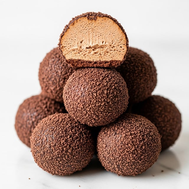 A close-up view of several round chocolate truffles piled together, each coated unevenly with dark chocolate shavings. The top truffle is cut in half, showing two layers: a smooth, light brown creamy interior with a soft texture, and a thin, darker chocolate outer shell studded with shavings. The truffles are resting on a white marbled surface with a soft, bright background, making the rich chocolate colors stand out. photo taken with an iphone --ar 4:5 --v 7