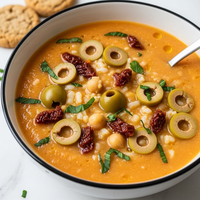 A close-up of a bowl filled with creamy orange soup showing three main layers: the soup base which is smooth and light orange in color, floating slices of green olives with some whole and some cut, and scattered small pieces of light green herbs and bits of red, possibly sun-dried tomatoes, spread evenly across the surface. The texture looks rich and slightly thick with visible small chickpeas and bits of white rice mixed inside. The bowl is white with a dark rim and has a silver spoon placed inside it. The dish sits on a white marbled surface with some cookies placed nearby on the upper left side. photo taken with an iphone --ar 4:5 --v 7
