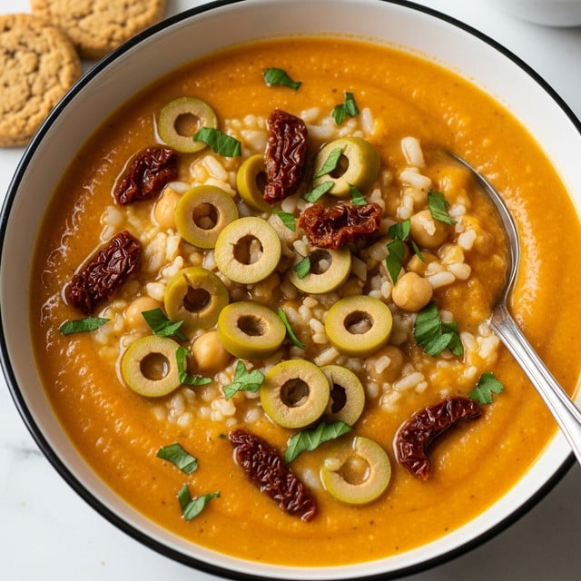 A white bowl filled with creamy orange soup containing several visible layers of ingredients, including whole chickpeas, chopped green olives with a smooth texture, small pieces of sun-dried tomatoes, bits of cooked white rice, and dark green spinach leaves scattered throughout. A silver spoon is resting inside the bowl on the right side. The bowl is placed on a white marbled surface, partially covered by a light pink cloth near the bottom left, and some light-colored cookies can be seen in the upper left corner of the image. photo taken with an iphone --ar 4:5 --v 7