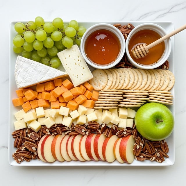A white rectangular platter sits on a white marbled surface, filled with an assortment of cheese and snacks arranged in layers. On the top left are green grapes with a smooth shine, next to a wedge of white soft cheese with a slightly bumpy rind. To the right, there are two small white bowls filled with amber honey, one with a wooden honey dipper resting inside. Below the honey bowls are stacked light beige crackers. Near the bottom are several slices of red and white apple laid out in a neat row, with small chunks of pale yellow cheese placed nearby. Scattered pecans add texture and warmth to the platter. A green apple with shiny smooth skin sits near the center-right. Photo taken with an iphone --ar 4:5 --v 7