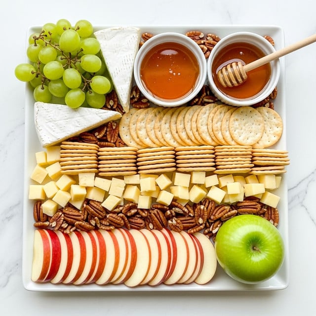 A white rectangular platter on a white marbled surface holds a visually rich snack spread. Starting from the top right corner, there is a small round bowl filled with golden honey with a wooden honey dipper resting inside. Beside it, a small white bowl with orange-colored jelly or jam. To the right of the bowls, there are several square crackers stacked in a neat pile. On the left side of the platter, there is a small pile of green grapes. Below the grapes, there are scattered pecans. Moving towards the center, there are five different types of cheese arranged in slices and wedges: a wedge of white brie cheese with blue veins is located near the honey, followed by slices of yellow cheese, a semi-hard cheese triangle, and light yellow rectangular pieces. In the bottom right corner, red apple slices fan out in a curved arrangement. A green apple sits near the crackers, completing the setup. The whole scene is softly lit and styled in a natural manner, photo taken with an iphone --ar 4:5 --v 7