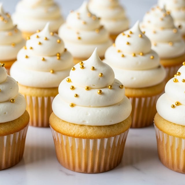 The image shows a group of vanilla cupcakes arranged closely together on a white marbled surface. Each cupcake has a light golden-brown base wrapped in a plain paper liner. On top, there is a generous swirl of smooth white frosting, layered in about four thick, round loops that taper to a small peak at the center. The frosting is decorated evenly with small gold spherical sprinkles giving a subtle shine. The cupcakes are in soft focus towards the back, making the front ones clearer, highlighting the creamy texture of the frosting. Photo taken with an iphone --ar 4:5 --v 7